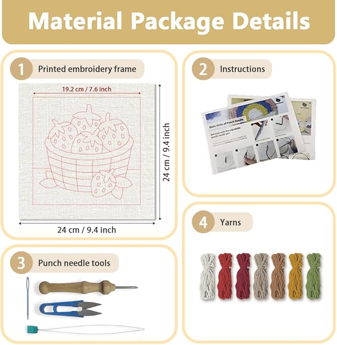 Doodlream Strawberries DIY Punch Needle Embroidery Kit for Adult Beginner, 9.4" A Basket of Strawberries Punch Stitching Craft Set for Starter with Frame, Fabric Pattern, Threader, Yarn, Pinch Needle