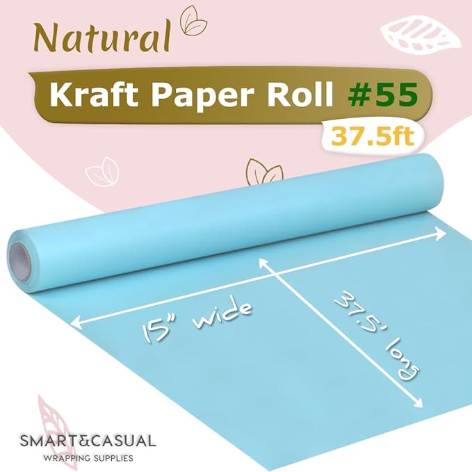 SMART&CASUAL 15" x 450" (37.5') Kraft Paper Roll for Art Craft Supplies Gift Wrapping Moving Packing Kids Painting Drawing Paint Easel Poster Chart Paper (Light Blue, 15" W x 450" L (37.5'))