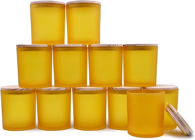 14 OZ Thick Candle Jars for Making Candles 12 Pcs, 3 Wick Empty Jars with Wood Lids for Candle Making, Sample Container, Frosted Yellow