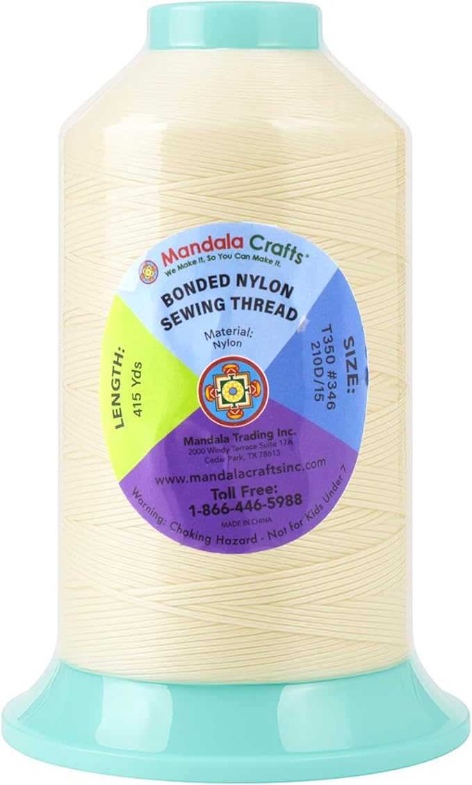 Mandala Crafts Size 346 210D T350 Bonded Nylon Thread Ivory Heavy Duty Sewing Threads - 415 YDs Tex 350 Thread for Leather, Jeans, Weaving, Outdoor Marine Upholstery Threads