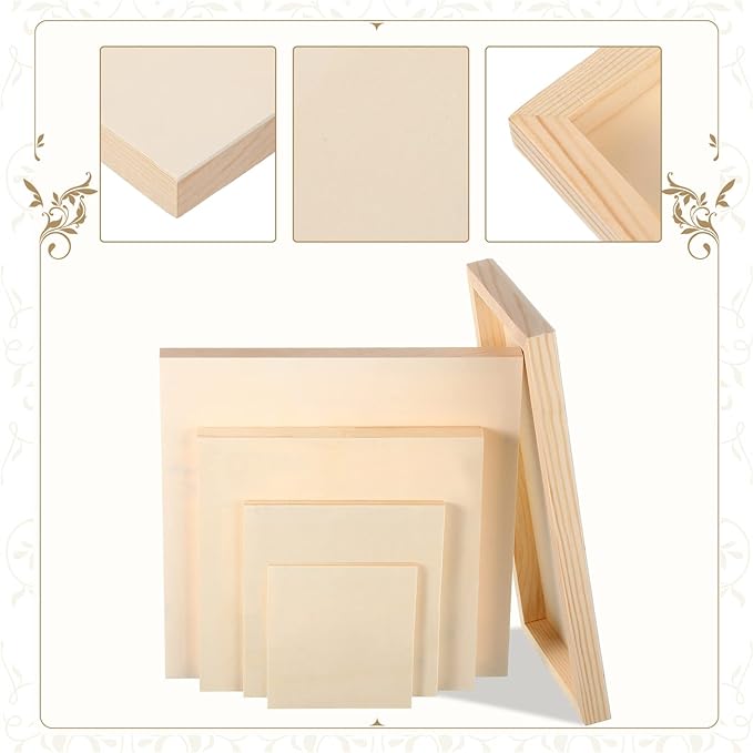 Wood Canvas Boards Unfinished Wooden Panel Boards Paint Pouring Panels for Painting Drawing Home Decor(14 Pieces,4.7 x 4.7, 6 x 6, 8 x 8, 10 x 10, 12 x 12)