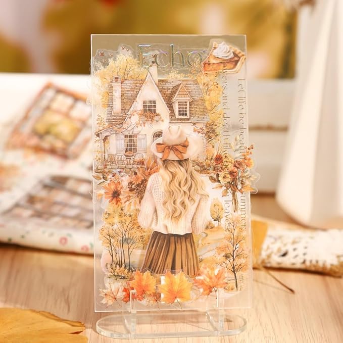 Fall Landscape Pre-Cut Autumn Journal Sticker Book, Transparent PET Watercolor Scrapbook Stickers for Junk Journaling Supplies, Scrapbooking, Collage, Bujo, 20 Sheets