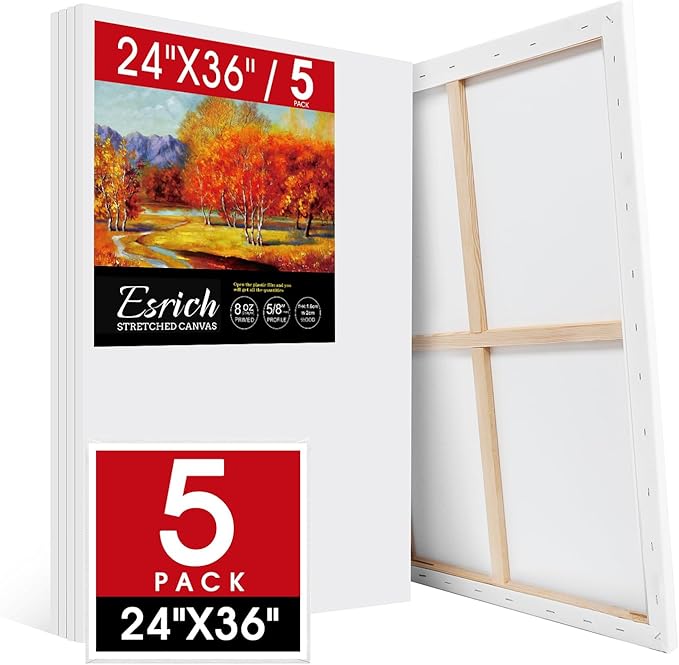 ESRICH Stretched Canvas for Painting 24x36 Inch, 5Pack Large Canvas for Painting, Primed Acid-Free Cotton Blank Canvases, Art Paint Canvases for Oil Paint,Watercolor,Acrylic Paint,Gouache and Tempera.