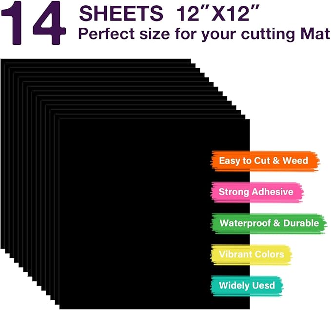 HTVRONT Permanent Vinyl, 14 Pack Matte Black Vinyl for Cutting Machine- 12 ” x 12 ” Black Permanent Adhesive Vinyl Sheets for Craft Projects
