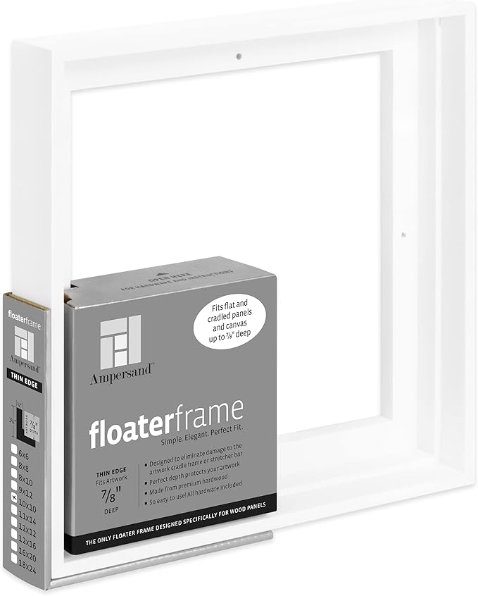 Ampersand Art Supply Floaterframe Readymade Frame for Flat and 7/8" Deep Wood Panel and Canvas Artwork, Paintings, Prints, and More, 10"x10", White Thin