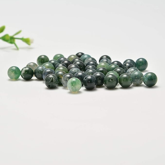 NCB Natural Stone Beads 100pcs 10mm Round Genuine Real Stone Beading Loose Gemstone DIY Charm Smooth Beads for Bracelet Necklace Earrings Jewelry Making (Green Moss Agate, 10mm 100Beads)