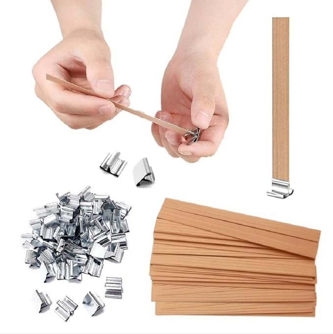 100Pcs Wood Wicks for Candles Making, 5.1x0.5x0.04inch Wood Candle Wicks Natural & Crackling Wooden Candle Wicks with Trimmer for DIY Craft