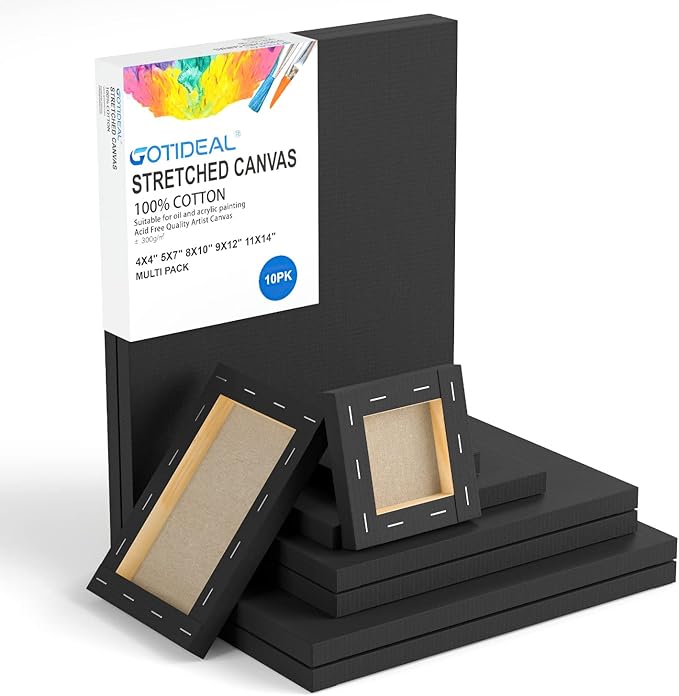 GOTIDEAL 10Pcs Black Stretched Canvases for Painting, Multi Pack 4x4", 5x7", 8x10",9x12", 11x14" Set of 10, Primed 100% Cotton Artist Blank Canvas Boards for Painting, Acrylic Pouring, Oil Paint Art