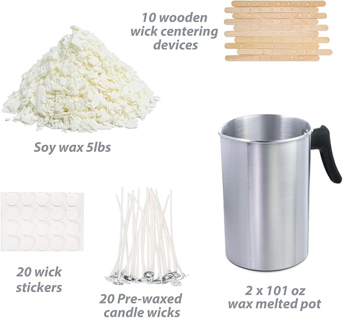 Soy Wax for Candle Making, 5 lb Soy Flakes, Paraffin-Free, Beeswax-Free, with 2X 101oz Wax Melting Pot, Candle Wicks, Wick Stickers, Centering Device