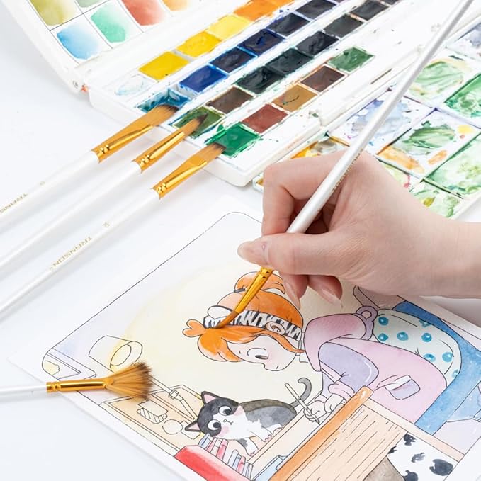 Transon Art Painting Brush Assorted Set of 12 for Acrylic Watercolor Gouache Hobby Painting White