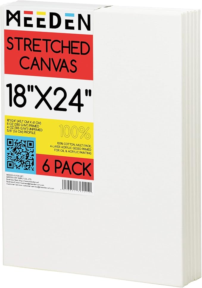 MEEDEN Stretched Canvas, 18 × 24 Inch, Pack of 6, Blank White Canvases for Painting, 100% Cotton, 8 oz Gesso-Primed, Pre-Stretched Canvas for Acrylic Oil Pouring & Airbrushing Painting