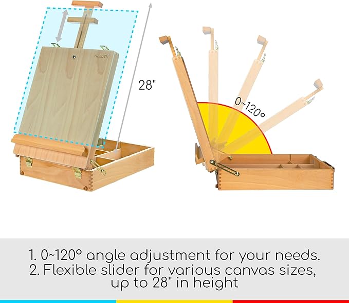 MEEDEN Extra-Large Tabletop Easel, Solid Beech Wood Table Top Easels for Painting Canvas, Sketchbox Easel, Table Art Easel for Adults & Artist, Art Supplies Storage Box,Hold Canvas Up to 28"