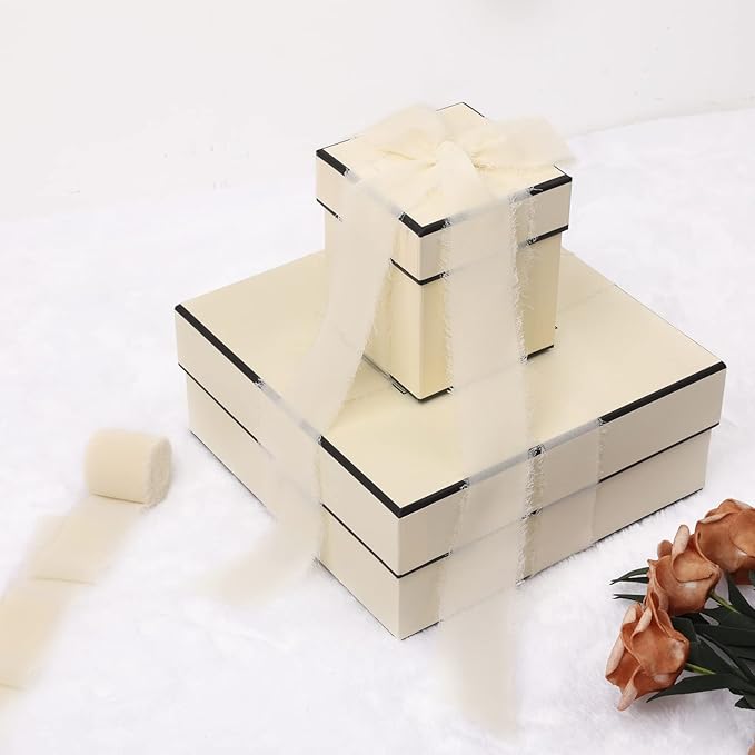 3 Rolls Cream White Handmade Fringe Chiffon Ribbon 1.5" x 7Yd Silk-Like Colorful Rustic Ribbon for Bouquets Wrapping Decor Wedding Invitation Accessories