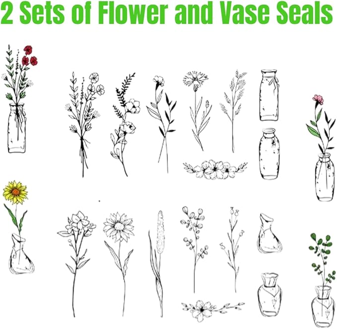 18 Pcs Stamps for Crafting, 2 Styles Plant Rubber Stamps for Crafting, Green and Black Ink Stamps, Wooden Flower