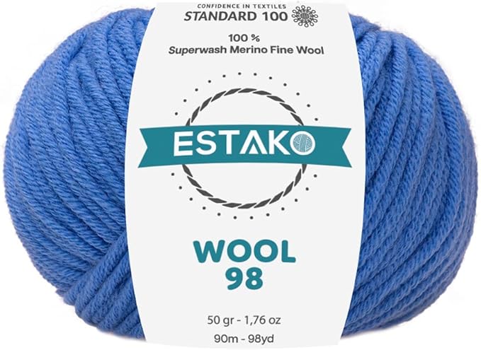 Estako Wool 98 100% Superwash Merino Wool Medium Worsted Weight Soft Knitting and Crochet Yarn 1.76 oz (50gr) 98 yds (90 m) (6387-Blue)