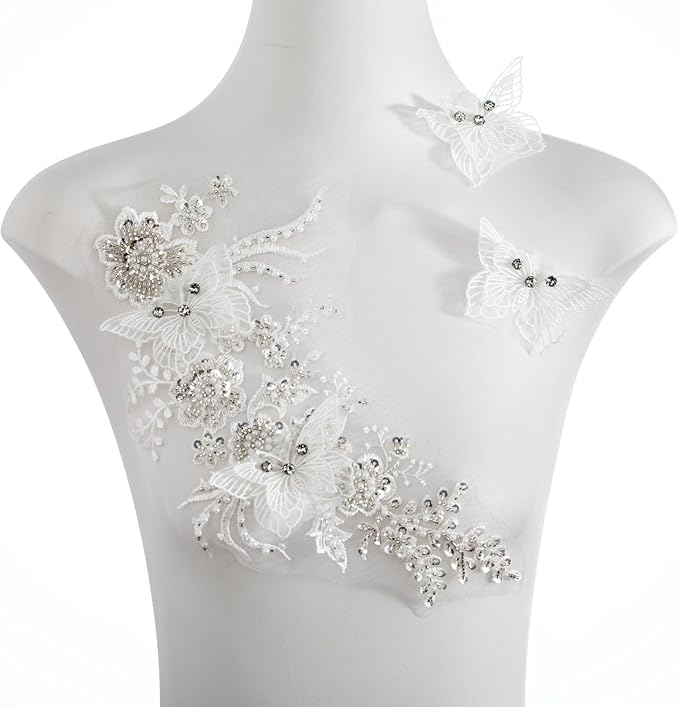 Flower Pearl Fabric Rhinestones Beaded Lace Applique,3D Butterfly Embroidered Lace Patch for Clothes,Dress (White)
