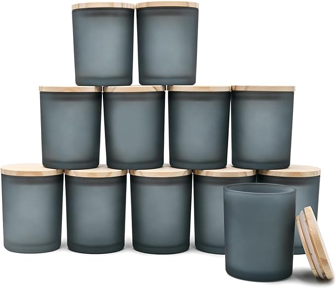 Thick Candle Jars for Making Candles 12 Pcs, 7 OZ Empty Jars with Wood Lids for Candle Making, Sample Container, Frosted Grey