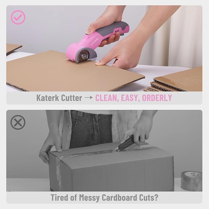 Katerk Cordless Electric Scissors with Safety Lock & LED Light, Pocket-sized Box Carpet Cardboard Cutters Tool, Ambidextrous Use, Rotary Cutter for Fabric, Leather, Plastic, Crafting, Industrial