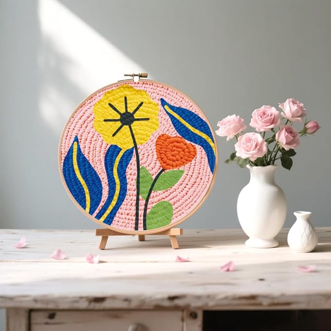 BEUNITONE 2PCS Bohemian Flower Punch Needle Kit for Adults Beginners, Complete Craft Kit Needlepoint Kits for Adults with Hoop, Punch Needle Starter Craft Set for Cloth Festival Gift and Home Decor