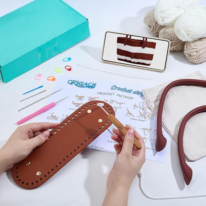 ORIGACH DIY Crochet Handbag Kit for Beginners, Chocolate Brown Striped Crochet Bag with PU Leather Band and Base, Include Yarn, Crochet Hooks, Markers and Instruction