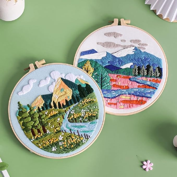 Konrisa 3 Pcs Landscape Embroidery Kits, Mountain Flower Village Pattern Cross Stitch Kit, DIY Sewing Practice Kits for Adults Home Decoration,Include Embroidery Cloth Threads and Needles,1pc Hoops