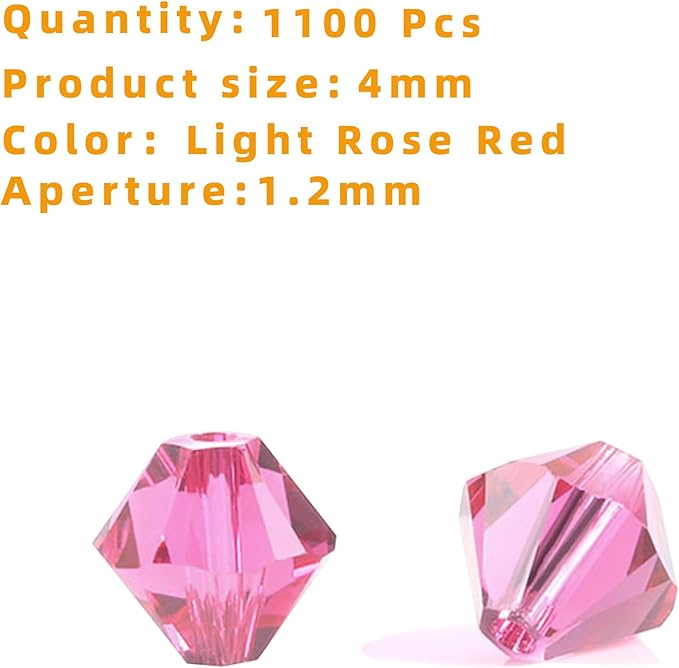 1100PCS 4mm Bicone Crystal Glass Beads for Jewelry Making, Sparkling Mini Beads for Suncatchers, DIY Bracelets & Craft Projects (Light Rose Red)