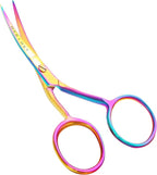 Small Embroidery 4.5 Inch Scissors Set of 2 Kit - Mini Double Bend Offset Duckbill and Double Bend Long Applique Needlepoint Blade with Pouch Sleeve (Rainbow)