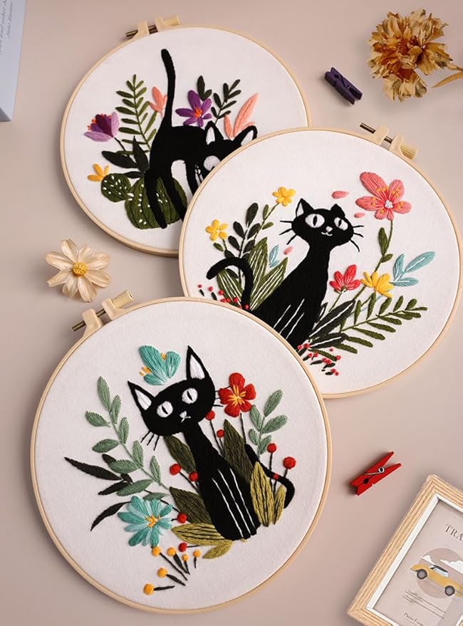Konrisa 3pcs Embroidery Kits for Beginners Creative Black Cat and Flower Pattern Cross Stitch Practice Kit DIY Sewing Needlepoint, Include 1pcs Hoop