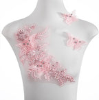 Flower Pearl Fabric Rhinestones Beaded Lace Applique,3D Butterfly Embroidered Lace Patch for Clothes,Dress (Pink)