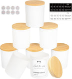 CONNOO 8 Pack 14 OZ Empty White Glass Candle Jars for Making Candles with Bamboo Lids and Sticky Labels, Bulk Candle Jars for Making Candles - Spice, Powder Containers.