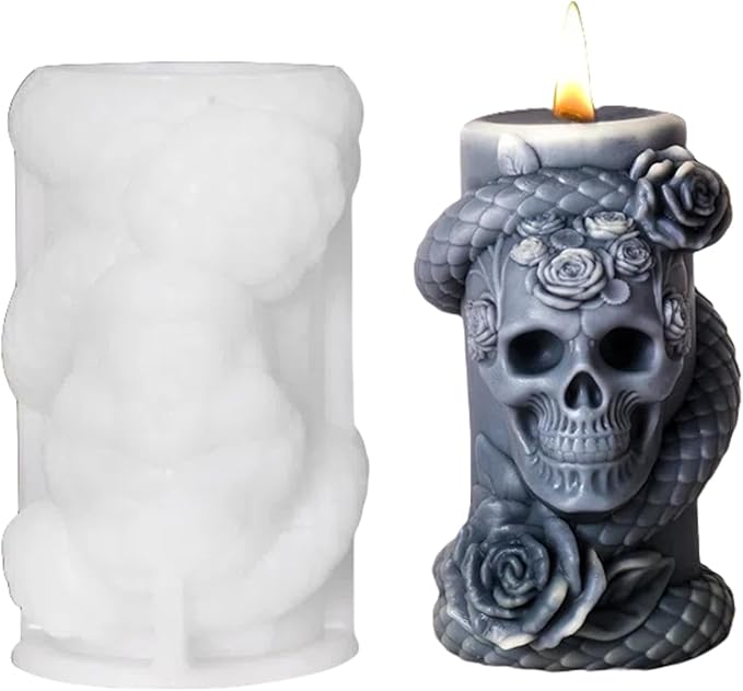 Snake Skull Silicone Mold, Cylinder Candle Mold with Coiling Snake for Halloween Candle Making, Resin, Clay Craft, Aromatherapy Gypsum, Home Decor (Snake and Skull C)