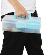 JUXYES 2 Pack Plastic Carry Storage Box with Removable Dividers, Clear Art Craft Supply Storage Bin Sewing Box with Handle Lid, 2 Layers Stationery Storage Case for School/Office Supplies Light Blue