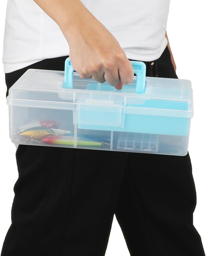 JUXYES 2 Pack Plastic Carry Storage Box with Removable Dividers, Clear Art Craft Supply Storage Bin Sewing Box with Handle Lid, 2 Layers Stationery Storage Case for School/Office Supplies Light Blue