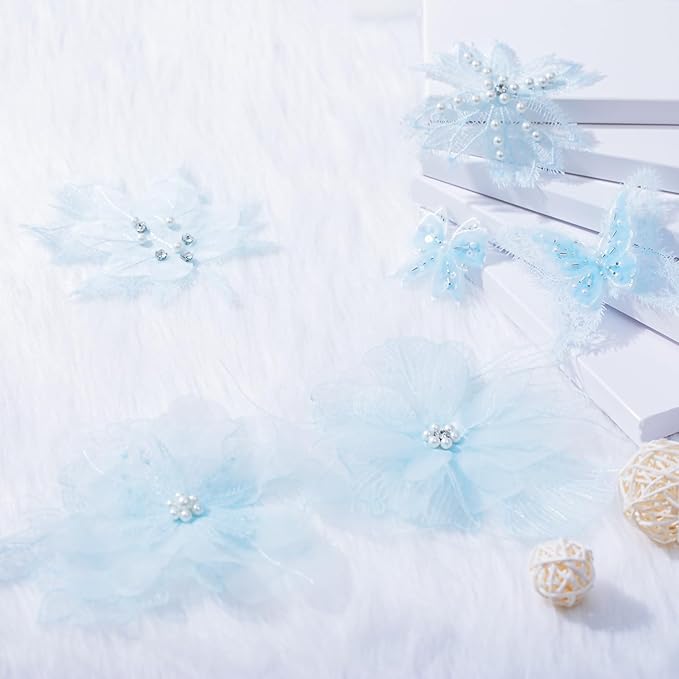 6 Pieces 3D Flower Lace Embroidery Butterflies Appliques Pearl Patches for Repairing and Decorating, Sewing Craft Clothing Jeans Jackets Bags (Light Blue)