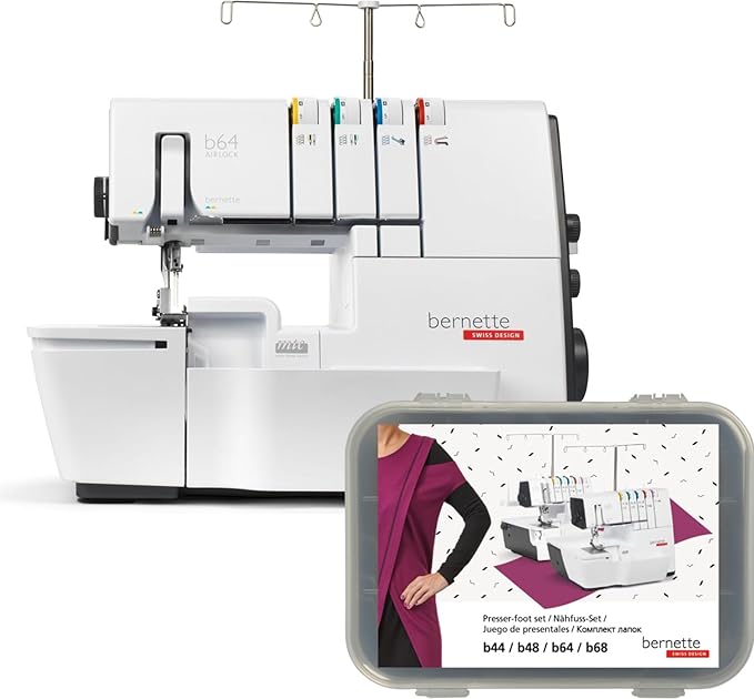 Bernette B64 Airlock Serger Overlocker with Air Threading | 1300SPM, 16 Stitches, Free Arm, LED Light, Free Hand System | 6 Overlock Foot Kit Extension Table