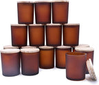 Thick Candle Jars for Making Candles 16 Pcs, 7 OZ Empty Jars with Wood Lids for Candle Making, Sample Container, Frosted Brown