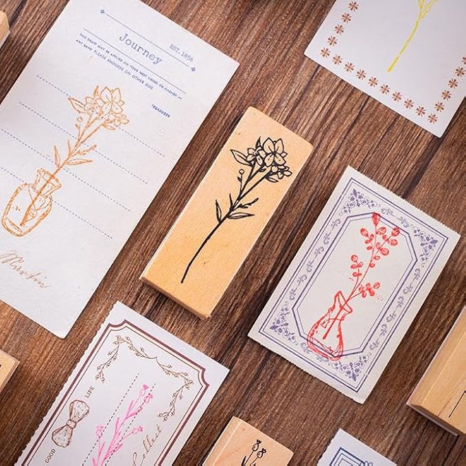 18 Pcs Stamps for Crafting, 2 Styles Plant Rubber Stamps for Crafting, Green and Black Ink Stamps, Wooden Flower