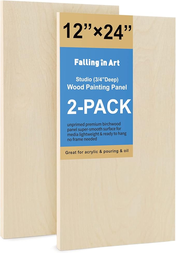 Falling in Art Unfinished Birch Wood Panels Kit for Painting, Wooden Canvas 2 Pack of 12x24’’ Studio 3/4’’ Deep, Cradle Boards for Pouring, Art, Crafts, Burning and More