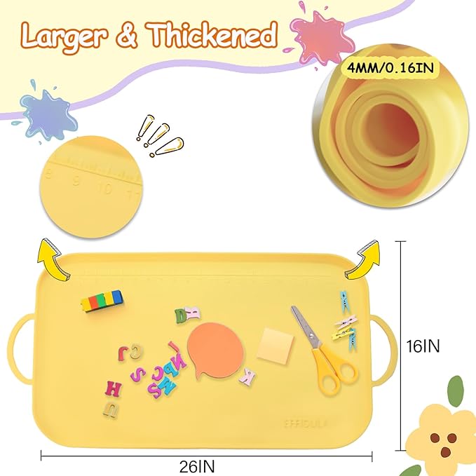 Silicone Craft Station Mat for Kids, Large Silicone Art Mat with Handle, Raised Edges for Painting, Jewelry-Making & Crafts - 26x16in,Yellow