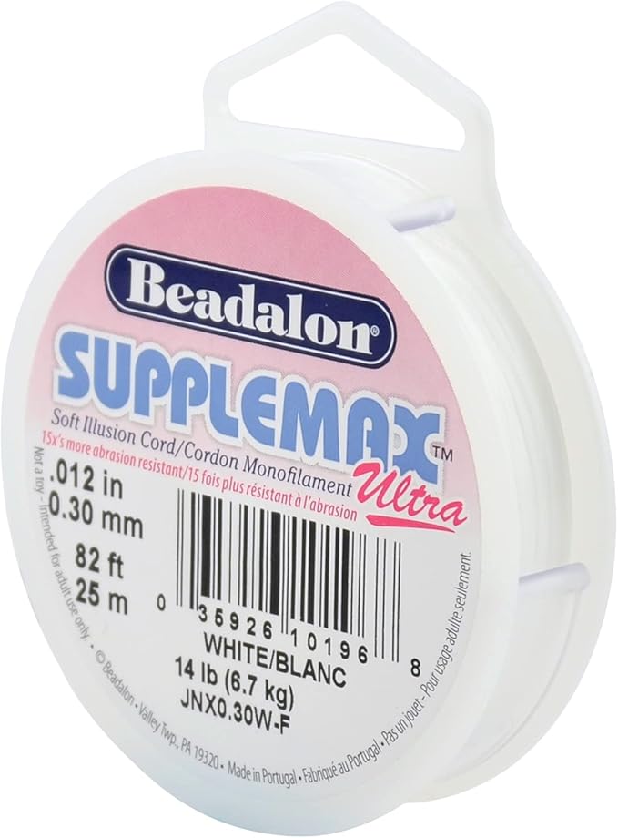 Beadalon SuppleMax Ultra Illusion Beading Cord, 0.30 mm / 0.012 in, White Monofilament, 25 m / 82 ft