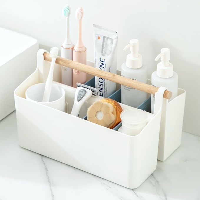 Large Portable Basket with Handle, Plastic Craft Storage Organizer Caddy Tote with Adjustable Divided for Makeup Art Supplies, Sewing, Colored Pencils-Blue