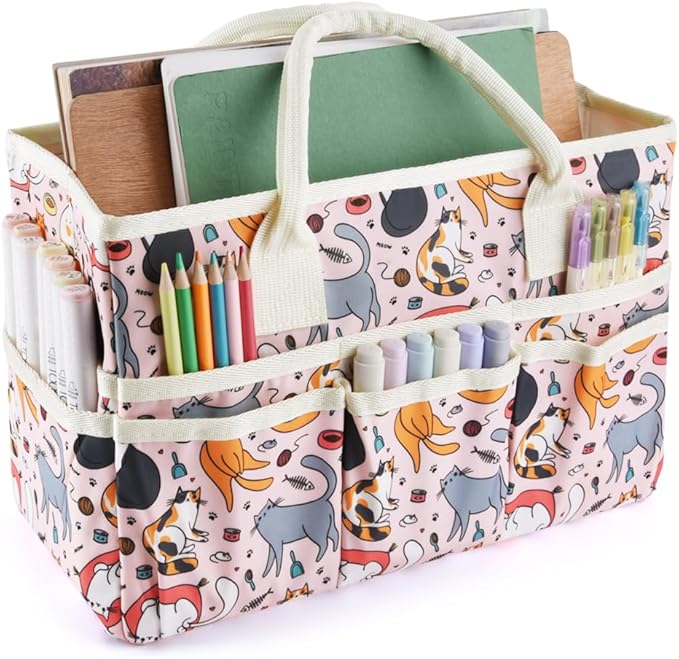 E-WEICHEN Craft Organizer Tote Bag Art Storage Caddy with Multiple Pockets Containers for Art,Craft,and Office Supplies Storage.Pink Cat