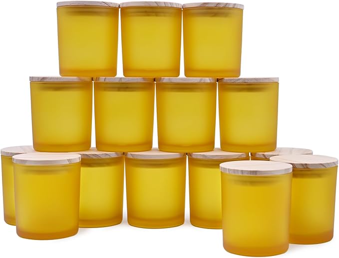 8 OZ Thick Candle Jars for Making Candles 15 Pcs, Empty Jars with Wood Lids for Candle Making, Sample Container, Frosted Yellow