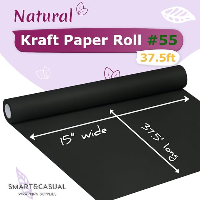 SMART&CASUAL 15" x 450" (37.5') Kraft Paper Roll for Art Craft Supplies Gift Wrapping Moving Packing Kids Painting Drawing Paint Easel Poster Chart Paper (Black, 15" W x 450" L (37.5'))