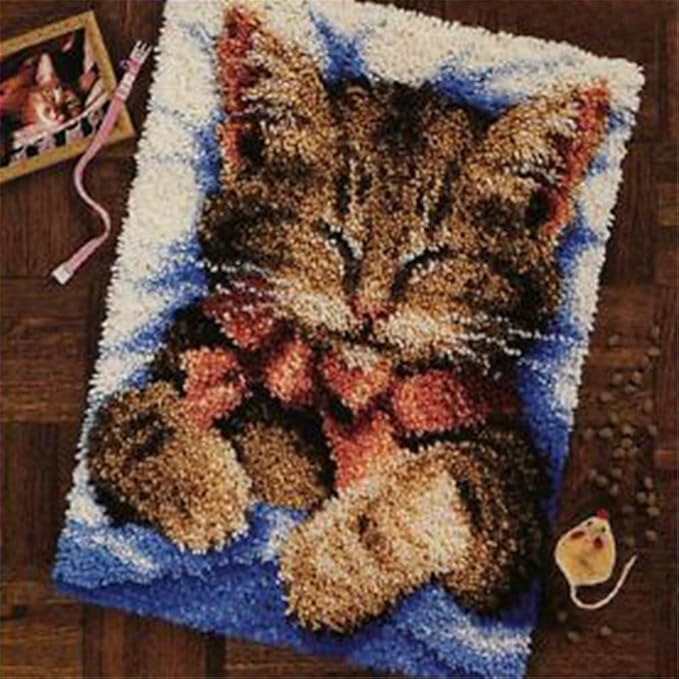DL-YTG Latch Hook Kits Rug Cat Crochet Yarn Cushion Colour Pre-Printed Canvas Cover Rug Needlework DIY Hook and Latch Kit Home Decoration 20 X15inch