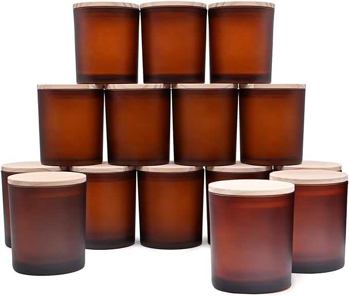 10 OZ Thick Candle Jars for Making Candles 15 Pcs, Empty Jars with Wood Lids for Candle Making, Sample Container, Frosted Brown