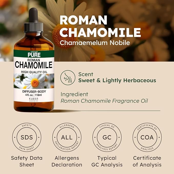 KUKKA Roman Chamomile Essential Oils - 4 Fl Oz - for Hair, Skin, Diffuser, Aromatherapy & DIY Soap Making Scent