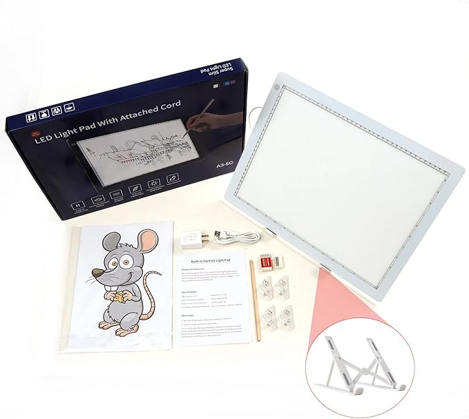 A3 Light Pad with Foldable Stand, UL Certified Adapter, 8000 Lux Super Bright Ultra Thin Pad for Cricut Weeding Vinyl, Artist Drawing Light Box/Board/Table for Tracing, Sketching - White