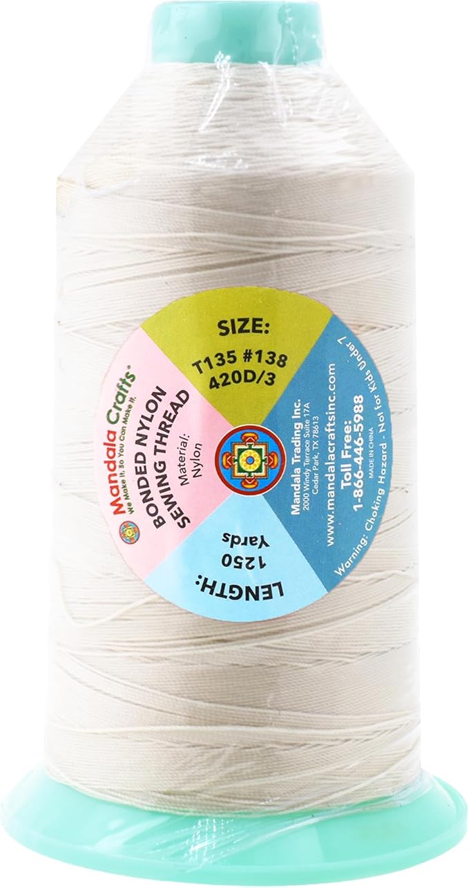 Mandala Crafts Bonded Nylon Thread Off White Heavy Duty Sewing Threads - 1250 YDs Size 138 420D T135 Tex 135 Thread for Leather Jeans Weaving Outdoor Marine Upholstery Threads