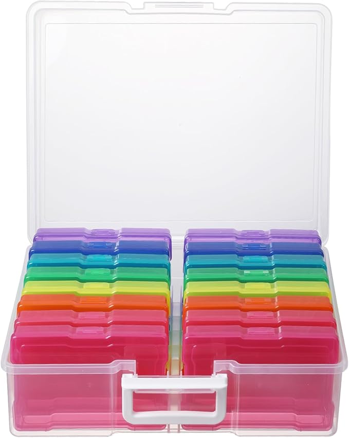 novelinks Transparent 4" x 6" Photo Organizers and Photo Storage Box with Handle, 16 Inner Photo Cases, Portable Picture Organizers & Photo Storage Containers (Multi-Colored)